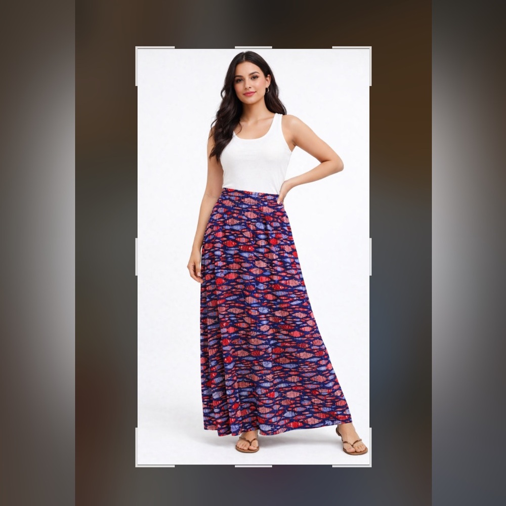 Navy Patterned Maxi Skirt with Pink Accents